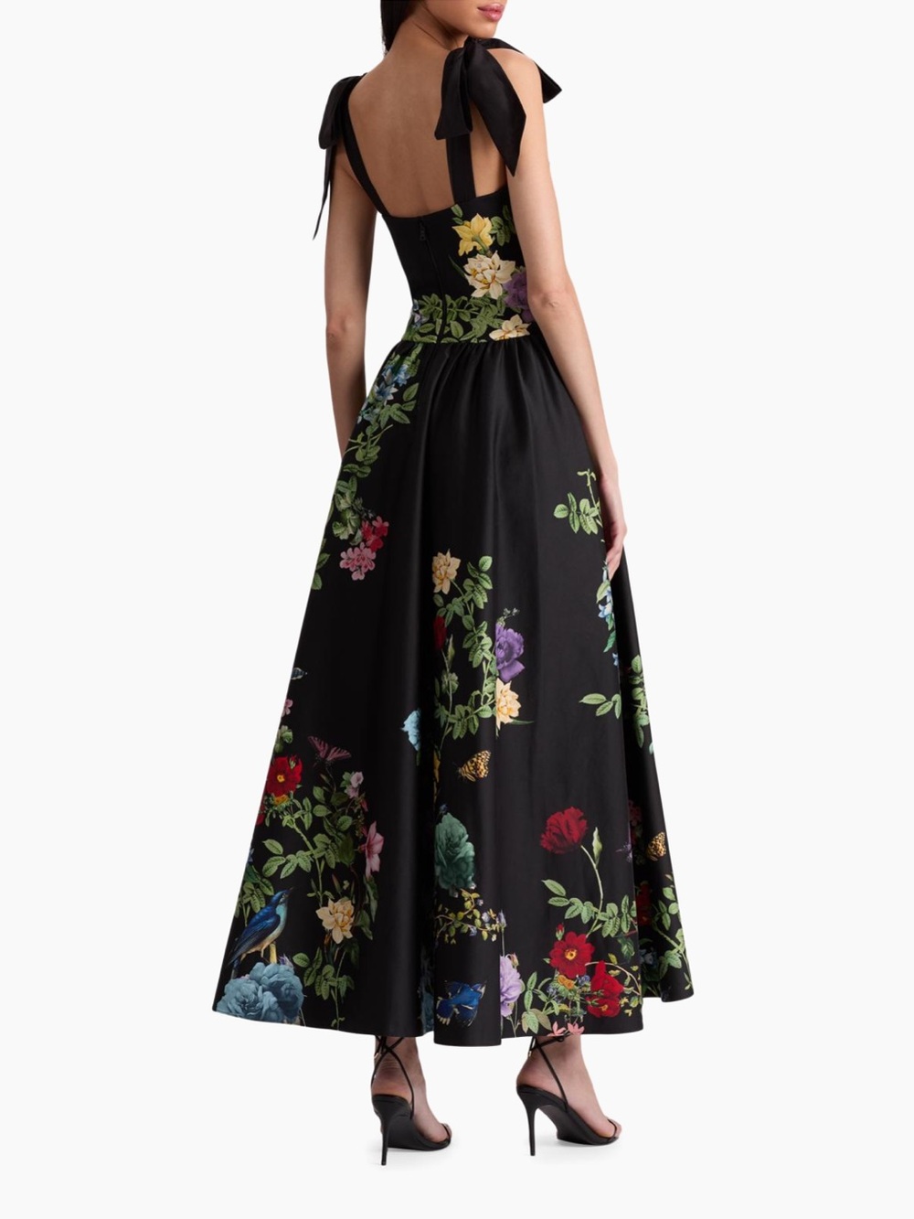 Alice & Olivia Oriana Drop-Waist Black Floral Tie-Shoulder Dress - Picture 2 of 6